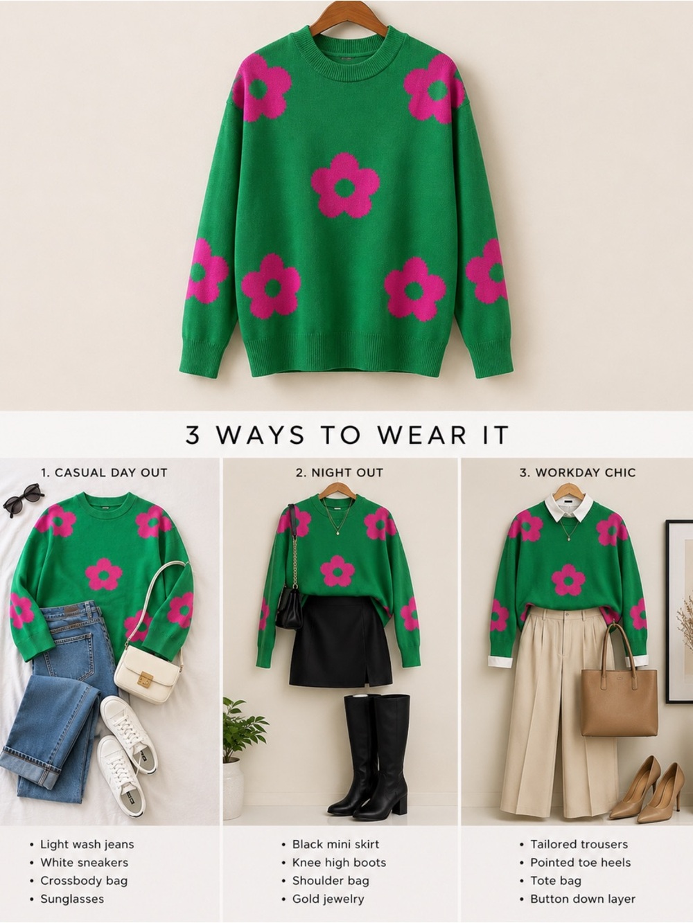 Green Pink Floral Sweater Women’s Small Crewneck Flower Knit Statement Pullover